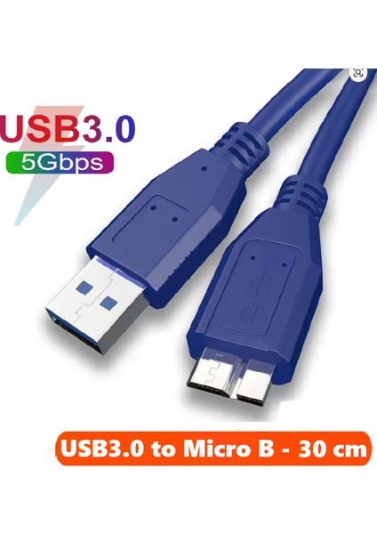 USB 3.0 HDD Harddisk Taşınabilir Hard Disk Kablosu / Mavi 30 cm / Micro Usb-B / Hızlı Veri Aktarımı