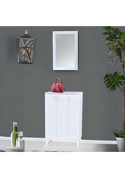 Sinbo Ayakkabılık Beyaz 3 Kapaklı Raflı Yüksek Ayaklı Ayakkabı Dolabı 90x34x105 Cm