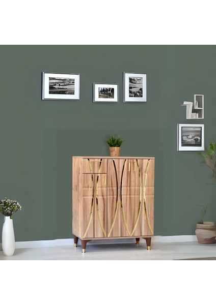 Ada Ayakkabılık Atlantik Çam Gold Şeritli 3 Kapaklı 1 Çekmeceli 90x32x105 Cm