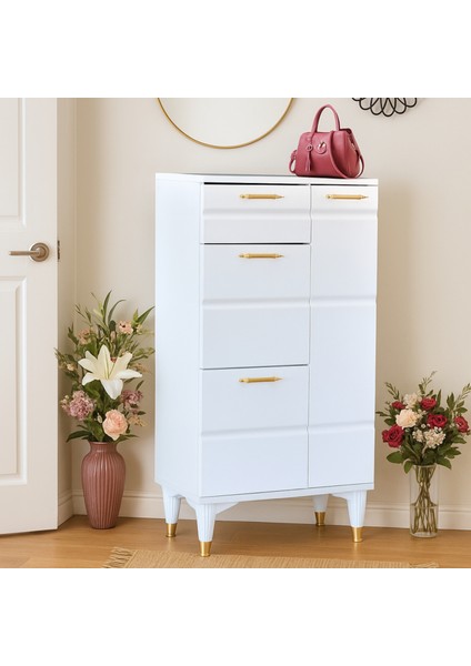 Roma Ayakkabılık Beyaz Ayakkabılık Gold Detaylı 1 Kapaklı 1 Çekmeceli 2 Düşen Kapak 60x34x150 Cm