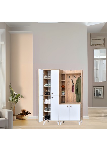 İnci Portmanto Takımı Atlantik Çam Beyaz Portmanto Takımı Raflı 4 Kapaklı Askılık Ve Ayakkabılık 140x37x195 Cm