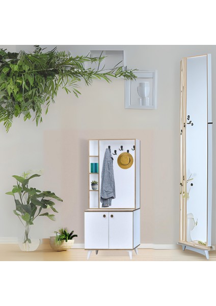 İnci Portmanto Askılıklı Beyaz Raflı Çok Bölmeli 2 Kapaklı Yüksek Ayaklı Portmanto 80x37x195 Cm