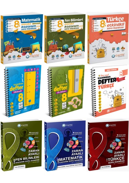 Çanta 2025 8. Sınıf Matematik + Türkçe + Fen + Zaman Ayarlı + Etkinlikli Soru + Defter Seti 9 Kitap