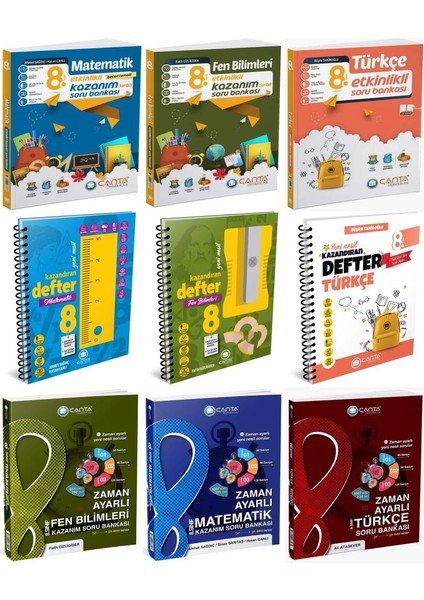Çanta 2025 8. Sınıf Matematik + Türkçe + Fen + Zaman Ayarlı + Etkinlikli Soru + Defter Seti 9 Kitap fiyatları