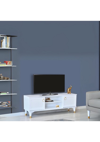 Eva Tv Sehpası Beyaz Gold Kulplu Kapaklı Raflı Yüksek Ayaklı Sehpa 130x36x50 Cm