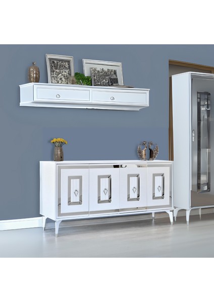 Ala Konsol Beyaz Gümüş Şerit Detaylı Konsol 4 Kapaklı Mebran 164x44x80 Cm
