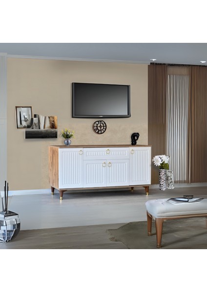 Arya Konsol 4 Kapaklı 1 Çekmeceli Beyaz Atlantik Çam Gold Detaylı 160x80x44 Cm