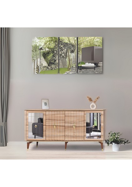 Tuna Konsol Atlantik Çam Yanları Aynalı Gold Halkalı Kulplu 4 Kapaklı Konsol 160x44x82 cm