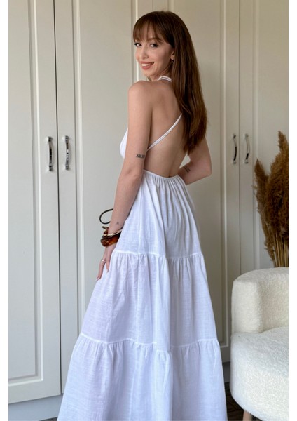 Keten Sırt Detaylı Askılı Midi Beyaz Elbise fiyatları