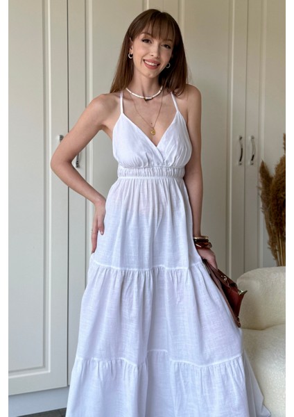 Keten Sırt Detaylı Askılı Midi Beyaz Elbise modelleri