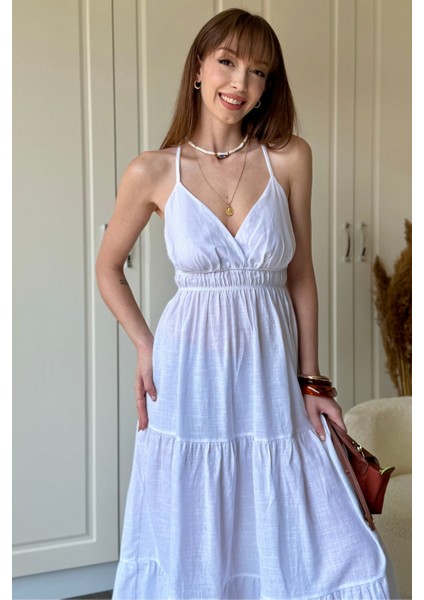 Keten Sırt Detaylı Askılı Midi Beyaz Elbise fırsatları