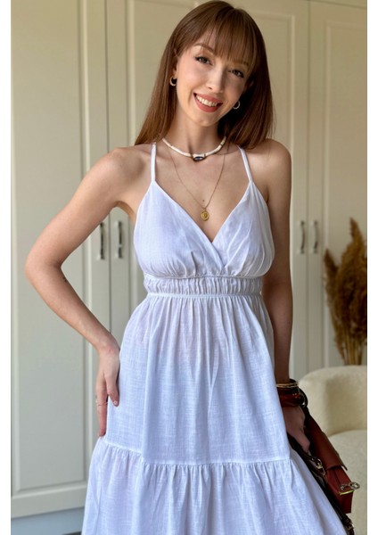 Keten Sırt Detaylı Askılı Midi Beyaz Elbise indirimleri