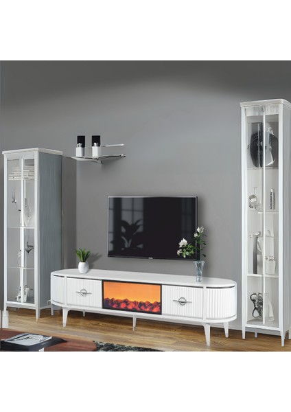 Maya Şömineli Tv Sehpası Beyaz Gümüş Detaylı Oval Tasarım 180x53x40 Cm