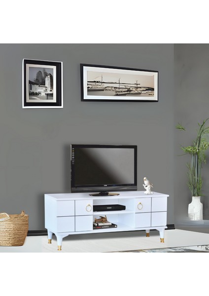 Lena TV Sehpası Beyaz 2 Kapaklı Gold Halkalı Kulplu Yerden Yüksek 130x36x50 Cm