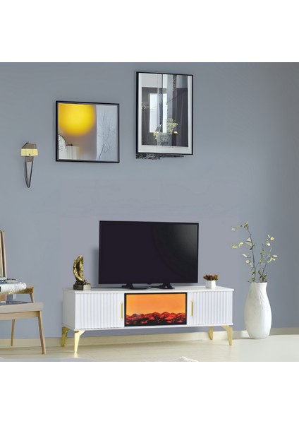 Rüya Şömineli Tv Sehpası Beyaz Gold Kulplu 2 Kapaklı Alev Efektli 150x50x36 Cm