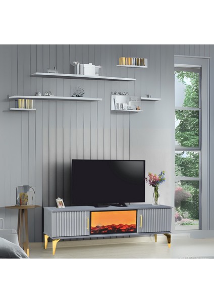 Rüya Şömineli TV Sehpası Antrasit Gold Kulplu 2 Kapaklı Alev Efektli 150x50x36 Cm
