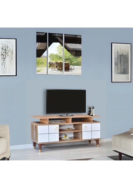 Mega TV Sehpası Atlantik Çam Beyaz Kapaklı Raflı Gold Detaylı Sehpa 130x36x59 Cm