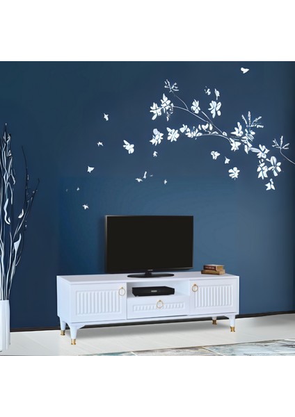Mindy TV Sehpası Beyaz Gold Detaylı 2 Kapaklı 1 Çekmeceli 160x50x36 Cm