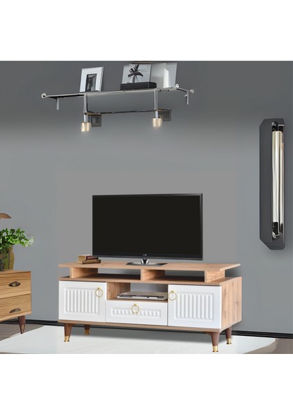 Pera Tv Sehpası Atlantik Çam Krem Renkli 2 Kapaklı Raflı Üst Panel Gold Detaylı 130x59x36 Cm