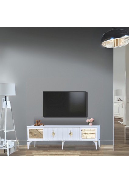 Tuna TV Sehpası Beyaz 4 Kapaklı Ayna Detaylı Altın Kulplu 160x52x36 Cm