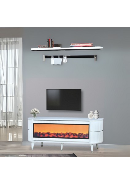 Trend Şömineli TV Sehpası - Beyaz Gümüş