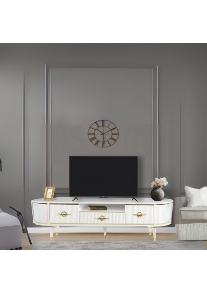 Duru TV Sehpası Beyaz Gold 2 Kapaklı 1 Çekmeceli Oval Detaylı Sehpa 180x40x53 Cm