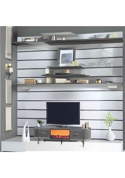 Maya Şömineli Tv Sehpası Antrasit Gümüş Oval 2 Kapaklı 1 Çekmeceli Metalik Detaylı 180x40x53 Cm