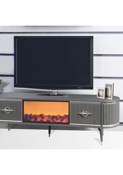 Maya Şömineli Tv Sehpası Antrasit Gümüş Oval 2 Kapaklı 1 Çekmeceli Metalik Detaylı 180x40x53 Cm fiyatları