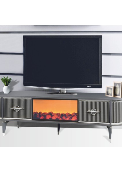 Maya Şömineli Tv Sehpası Antrasit Gümüş Oval 2 Kapaklı 1 Çekmeceli Metalik Detaylı 180x40x53 Cm modelleri