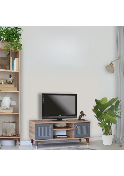 Eva Tv Sehpası Atlantik Çam Antrasit Gold Detaylı 2 Kapaklı Açık Raflı 130x50x36 Cm