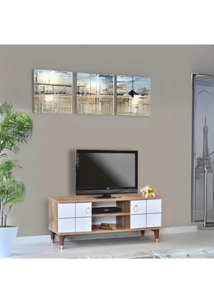 Lena Tv Sehpası Atlantik Çam Beyaz 2 Kapaklı Orta Raflı Sehpa 130x36x50 Cm