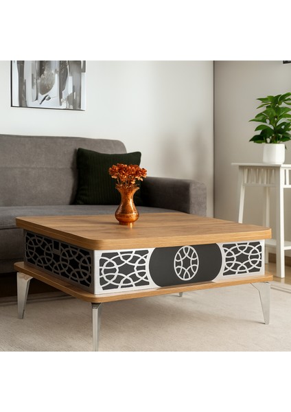 Lily Akıllı Sehpa Atlantik Çam Antrasit Gümüş Lazer Desenli Açılabilir Fonksiyonel Masa 120x90x73 Cm