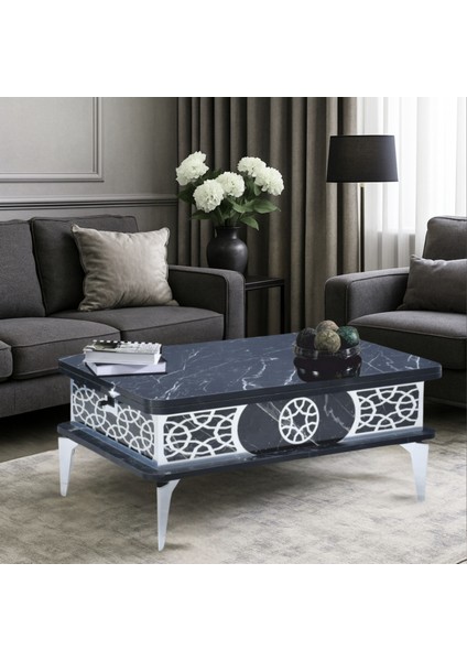 Lily Akıllı Sehpa Siyah Mermer Gümüş Desenli Çift Kademe Açılır Fonksiyonel Masa 120x90x73 Cm