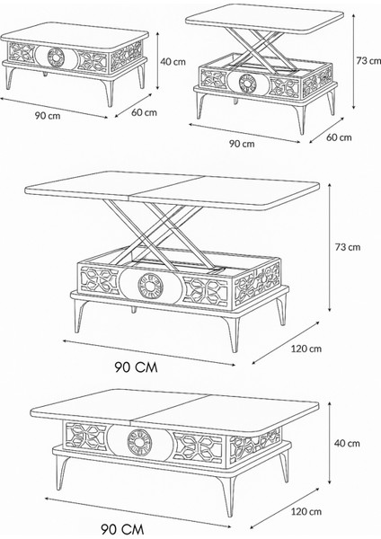 Lily Akıllı Sehpa Siyah Mermer Gümüş Desenli Çift Kademe Açılır Fonksiyonel Masa 120x90x73 Cm fırsatları