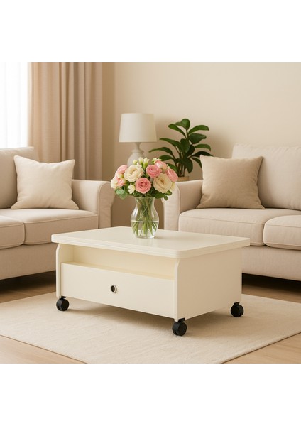 Serra Akıllı Sehpa Beyaz Renkli Tekerlekli Açılır Kapanır 2 Çekmeceli Fonksiyonlu Tabela 90x60 Cm