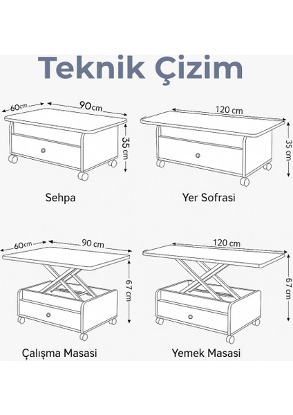 Serra Akıllı Sehpa Beyaz Renkli Tekerlekli Açılır Kapanır 2 Çekmeceli Fonksiyonlu Tabela 90x60 Cm fırsatları