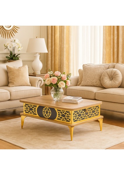 Lily Akıllı Sehpa Atlantik Çam Antrasit Gold Lazer Desenli Çok Amaçlı Tabela 90x60 Cm