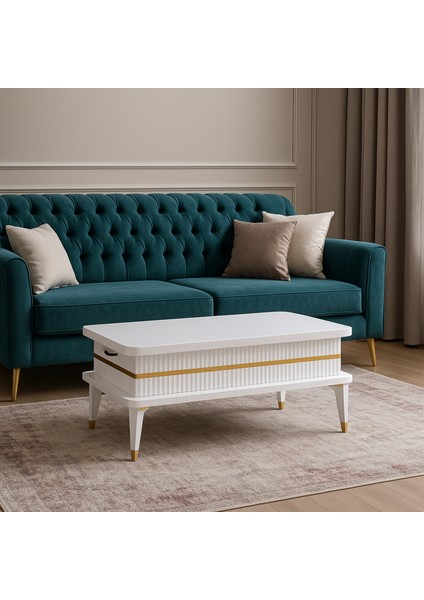 Riva Akıllı Sehpa Beyaz Gold 4 Fonksiyonlu Mebran Kaplama Modern Tasarım 120x72x90 Cm