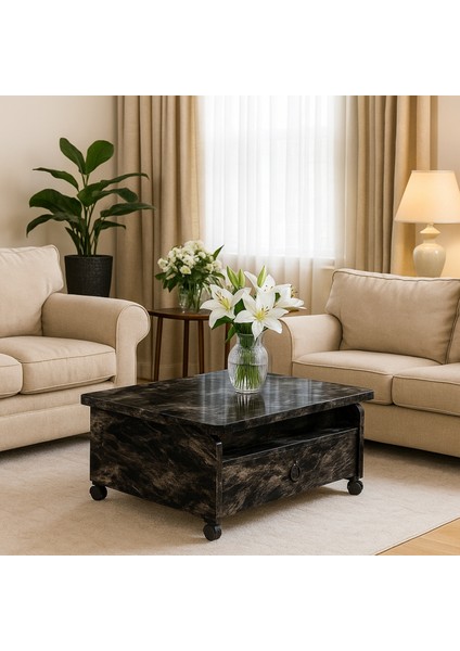 Serra Akıllı Sehpa Siyah Mermer Desenli 2 Çekmeceli Açılabilir Fonksiyonel Masa 120x90x67 Cm