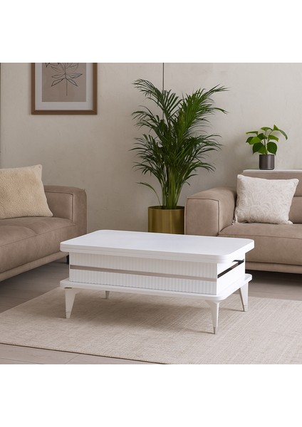 Riva Akıllı Sehpa Kademeli Açılır Fonksiyonel Beyaz Gümüş 90x39x60 Cm