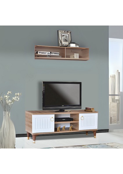 Eva TV Sehpası Atlantik Çam Beyaz Renkli 2 Kapaklı Açık Raflı 130x50x36 Cm
