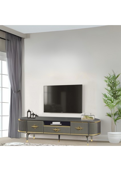 Duru Tv Sehpası Antrasit Gold 2 Kapaklı 1 Çekmeceli Oval Formlu Sehpa 180x40x53 Cm