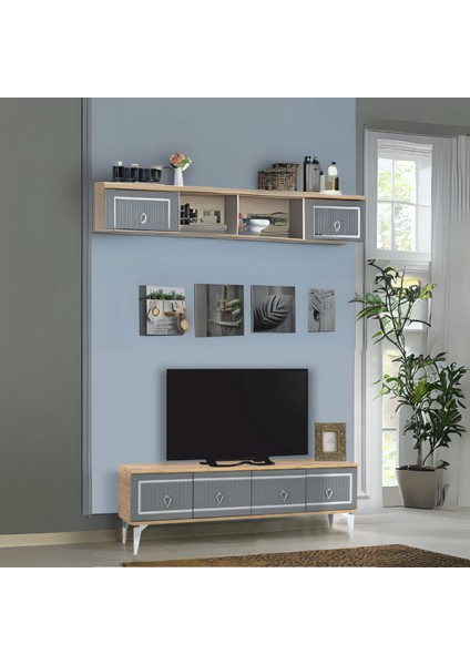 Vina Tv Sehpası Atlantik Çam Antrasit Gümüş Şeritli 4 Kapaklı Sehpa 160x36x50 Cm