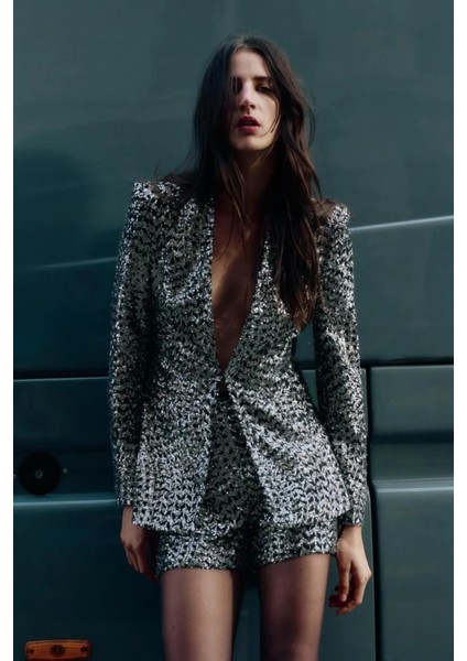 Allbucks Zara, Payetli Pullu Parlak Yakasız Blazer Ceket ABZRA1000 modelleri