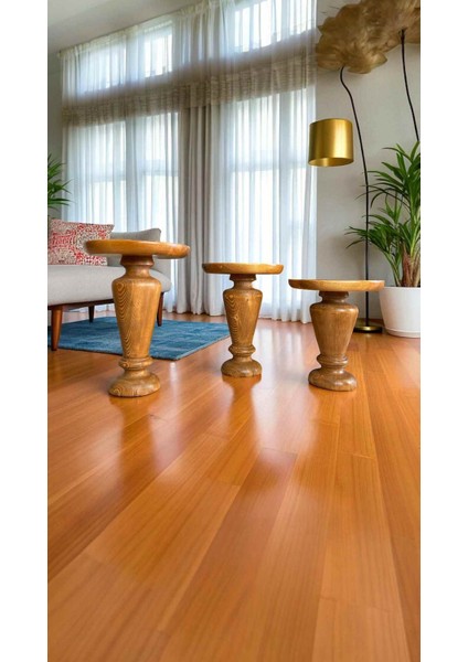 Tik Ağacı Renk Doğal Masif Ahşap 3’lü Zigon Sehpa – Mantar Model Yan Sehpa Seti