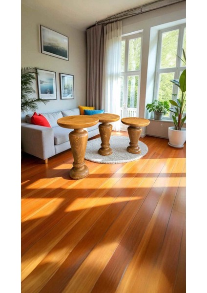 Tik Ağacı Renk Doğal Masif Ahşap 3’lü Zigon Sehpa – Mantar Model Yan Sehpa Seti modelleri