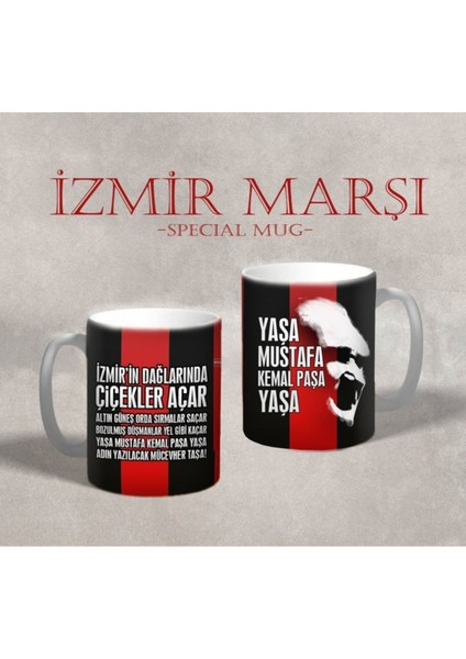 Izmir Marşı Tasarımlı Futbol Temalı Şık Kupa Bardak, Siyah-Kırmızı Renkli.