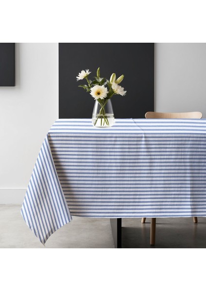 Lacivert Çizgili Hafif Keten Masa Örtüsü, Şık ve Kullanışlı.