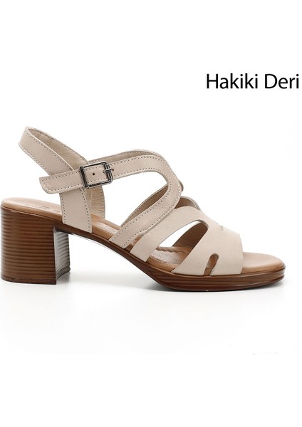 Kadın Antik Bej Kalın Topuklu Hakiki Deri Sandalet