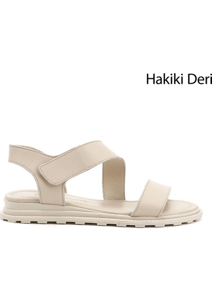 Kadın Antik Bej Cırt Bantlı Hakiki Deri Sandalet